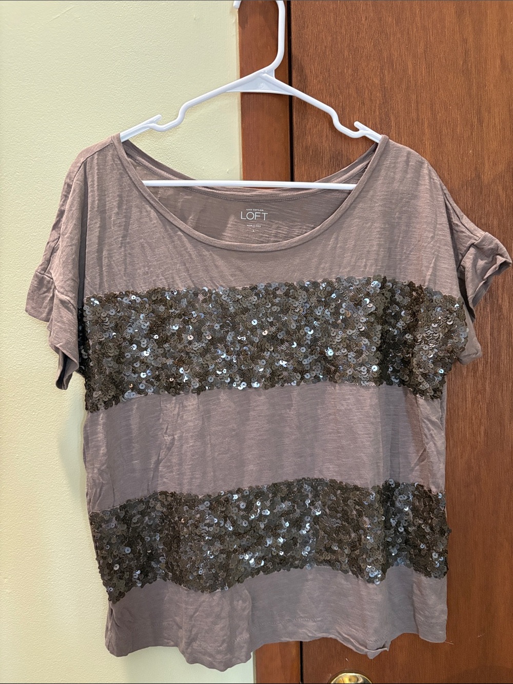 LOFT Oversized Taupe Short Sleeve Tee with Sequin Stripe Detail